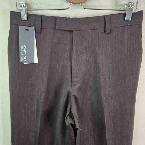 Kenneth Cole Reaction Wool Stop Blend Brown 32x28 Dress Pants Flat Front New - Picture 2 of 8